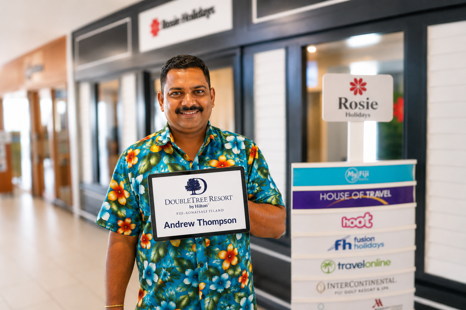 Rosie Holidays driver concierge with Doubletree welcome sign at Nadi Airport